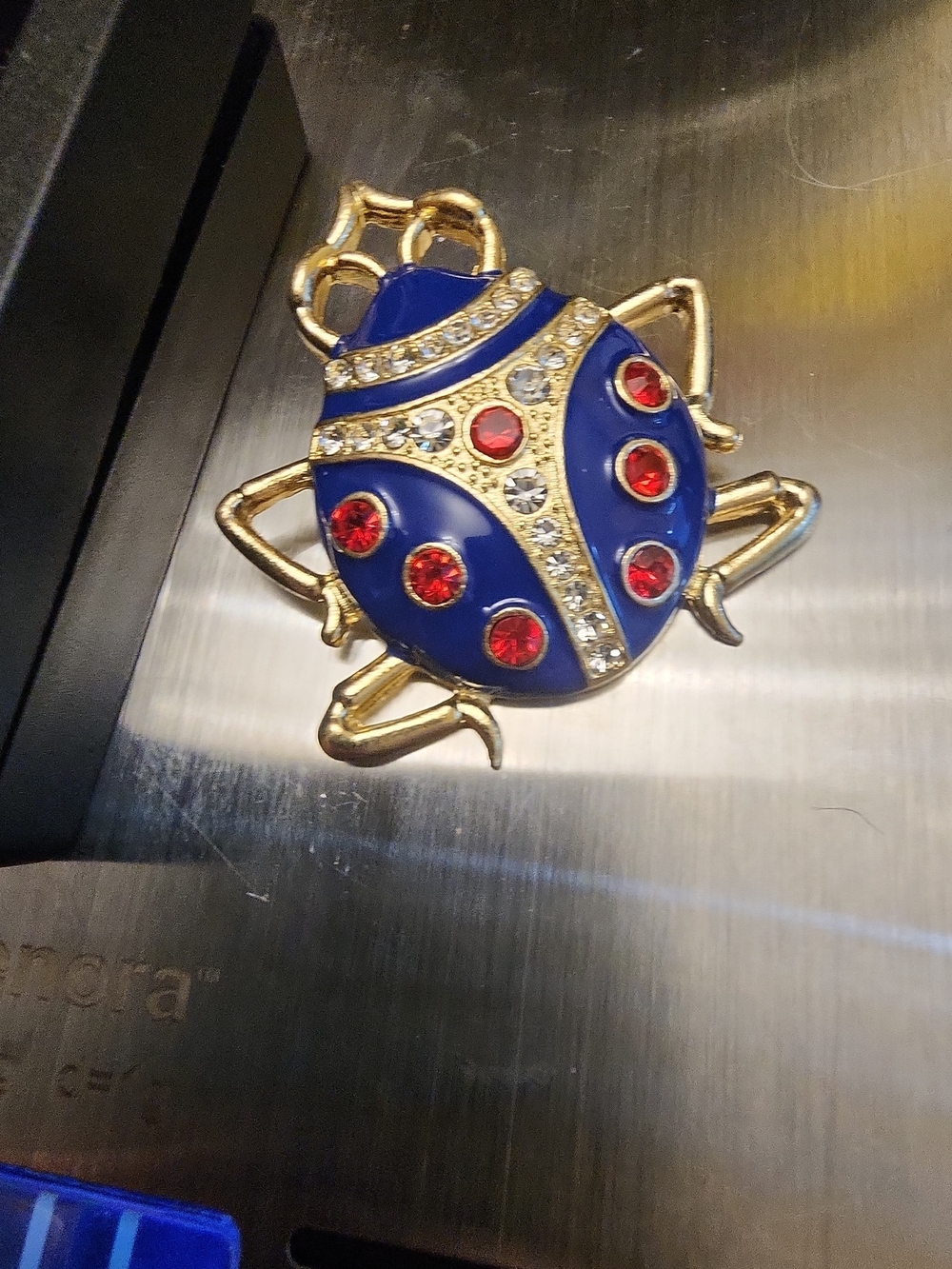 Gold-Tone Blue & Red Ladybug Brooch with Crystals